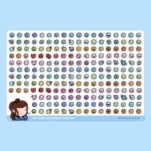 May include: A sheet of tiny emoji stickers featuring a variety of designs and colours, including faces, animals, and objects. The stickers are arranged on a white background with a light blue border. Text at the bottom reads "Tiny Emoji Stickers by Anna Rae" and "@annabaedesign".