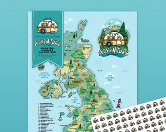 May include: A colorful illustrated map of Great Britain with a camper van icon and the text "Our Adventure Map" on it. The map is surrounded by a blue border and has a green and brown color scheme. There are stickers of camper vans on the bottom right corner of the map.