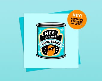 Cool Beans - Funny Baked Bean Handmade Illustrated Greetings Card (Envelope and Stickers Included)