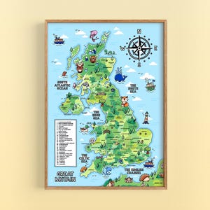 Ilustración del mapa de Gran Bretaña (Reino Unido) para niños, arte mural para dormitorio infantil, decoración de aulas, mapa de dibujos animados divertido