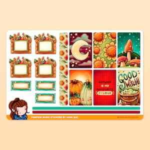 May include: A set of 9 autumn-themed stickers featuring pumpkins, sunflowers, mushrooms, a crescent moon, and a witch's cauldron. The stickers are designed in a cartoon style with bright colours and whimsical details. The text on the stickers reads "Autumn is my favourite colour" and "Good Witch!"