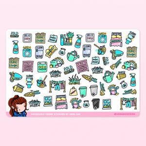 Stickers ménagers - Pastel - Tâches ménagères, nettoyage, lessive, poubelles sur roulettes, feuilles d'autocollants pour vaporisateurs