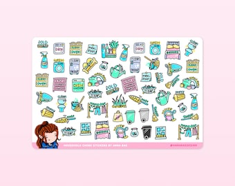 Housework Planner Stickers - Pastel - Household Chores, Cleaning, Laundry, Wheelie Bins, Spray Bottle Sticker Sheets