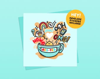 Funny Bestie (Bes-Tea) Birthday Card - Handmade Illustrated Greetings Card (Envelope and Stickers Included)