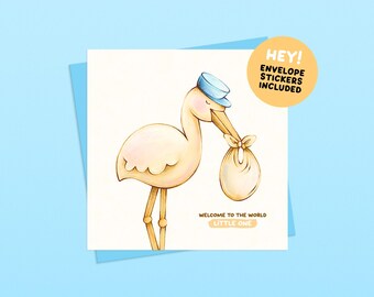 New Baby Handmade Stork Greetings Card – Minimalist Gender Neutral Illustrated Card for New Parents (Envelope and Stickers Included)