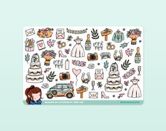 May include: A sheet of wedding-themed stickers featuring illustrations of a wedding cake, a car with "Just Married" on the back, a bride and groom, champagne bottles, wedding rings, and more. The stickers are on a white background with the text "Wedding Day Stickers by Anna Rae" at the bottom.