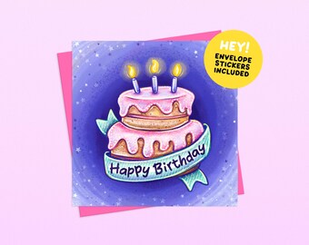 Happy Birthday Cake Card - Handmade Illustrated Greetings Card (Envelope and Stickers Included)