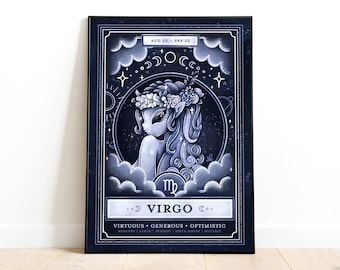 May include: A blue and white illustration of the Virgo zodiac sign. The illustration features a woman with a flower crown and flowing hair. The text "AUG 23 - SEP 22", "VIRGO CO.", "VIRTUOUS", "GENEROUS", "OPTIMISTIC", "MERCURY", "EARTH", "PERIDOT", "SIXTH HOUSE", and "MUTABLE" are also included.