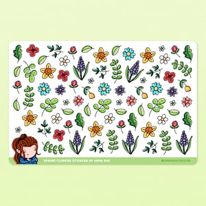 May include: A sheet of colourful spring flower stickers featuring a variety of flowers, leaves, and a small cartoon character. The stickers are perfect for adding a touch of spring to planners, journals, and other craft projects. The sheet includes the text "SPRING FLOWERS STICKERS BY ANNA BAE" and "@ANNABAEDESIGN".