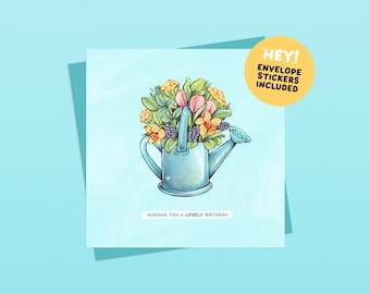 Happy Birthday Floral Card - Handmade Illustrated Greetings Card (Envelope and Stickers Included)