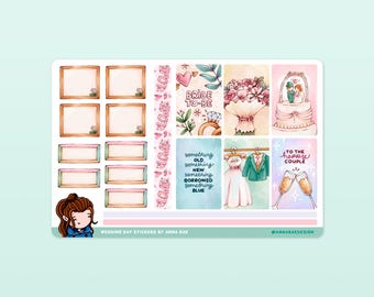 May include: A sheet of wedding-themed stickers with watercolor illustrations. The stickers include frames, floral bouquets, a wedding cake, a bride and groom, and text that reads "Bride to Be" and "To the happy couple". The text "Wedding Day Stickers by Anna Rae" is also present.