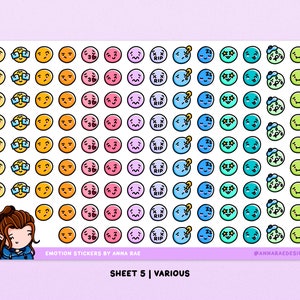May include: A sheet of 100 colorful round stickers featuring various cartoon faces with different expressions. The stickers are arranged in rows and columns on a white background. The text "EMOTION STICKERS BY ANNA RAE" and "SHEET 5 | VARIOUS" is printed at the bottom of the sheet.