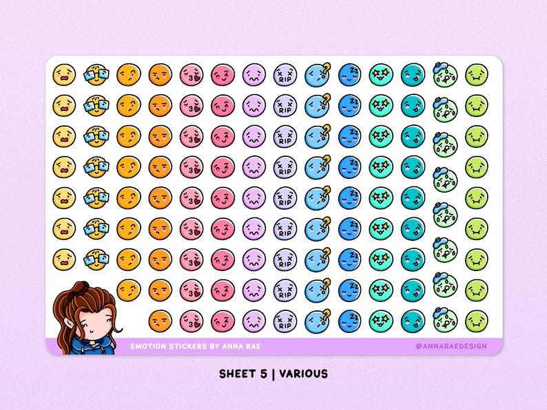May include: A sheet of 100 colorful round stickers featuring various cartoon faces with different expressions. The stickers are arranged in rows and columns on a white background. The text "EMOTION STICKERS BY ANNA RAE" and "SHEET 5 | VARIOUS" is printed at the bottom of the sheet.