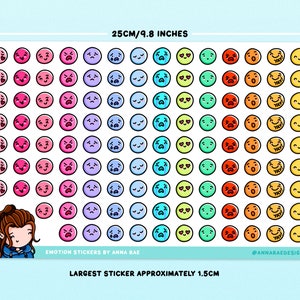 May include: A sheet of colorful emoji stickers with different expressions, including happy, sad, surprised, and in love. The stickers are arranged in rows and columns on a white background. The largest sticker is approximately 1.5 inches in diameter.