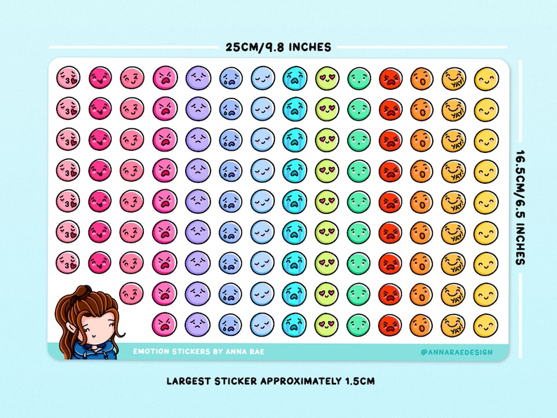 May include: A sheet of colorful emoji stickers with different expressions, including happy, sad, surprised, and in love. The stickers are arranged in rows and columns on a white background. The largest sticker is approximately 1.5 inches in diameter.