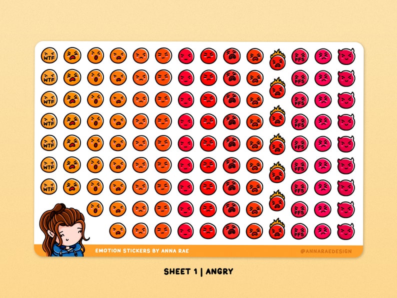 May include: A sheet of 72 round stickers featuring various angry cartoon faces in shades of orange, red, and pink. The stickers include text like "WTF" and "FFS".