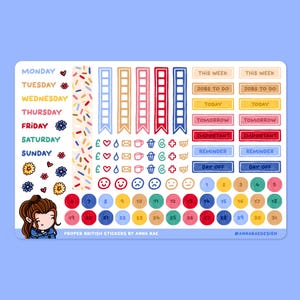 Pode incluir: Uma folha de autocolantes com os dias da semana, banners coloridos de listas de tarefas e etiquetas retangulares com texto como This Week, Jobs To Do, Today, Tomorrow, Important, Reminder e Day Off. Inclui círculos numerados de 1 a 31 e ícones.