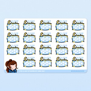 May include: A sheet of five-a-day stickers featuring a cute cartoon character. Each sticker is a sleep tracker with a crescent moon and stars. The text on the stickers reads "Sleep Tracker".