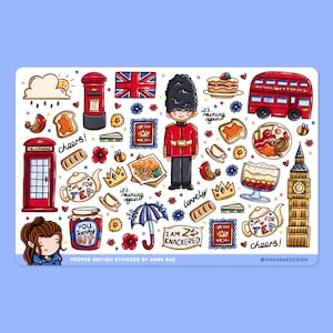 Pode incluir: Uma folha de autocolantes com ilustrações coloridas de ícones britânicos, incluindo uma cabine telefónica vermelha, um autocarro de dois andares, um guarda real, o Big Ben, bules e comida. O texto inclui 'cheers!', 'it's raining again', 'lovely' e 'I AM KNACKERED'.