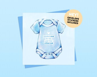 New Baby Boy Onesie Handmade Greetings Card – Minimalist Illustrated Card for New Parents (Envelope and Stickers Included)