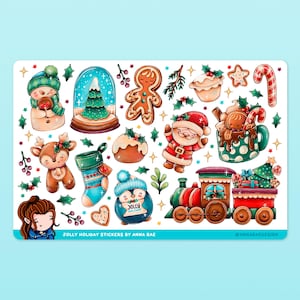 Könnte beinhalten: Eine Bogen mit bunten Weihnachtsaufklebern mit einem Schneemann, dem Weihnachtsmann, einem Lebkuchenmann, einem Pinguin, einem Rentier, einem Zug, einem Strumpf, einer Schneekugel, einer Tasse heißer Schokolade und einem Weihnachtsbaum. Die Aufkleber sind auf weißem Hintergrund und haben einen festlichen, verspielten Stil.