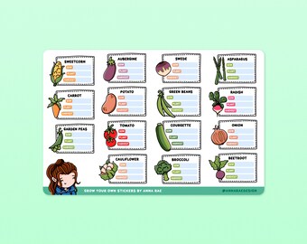 May include: A set of 16 colorful stickers featuring illustrations of various vegetables, each with a label for "sow", "plant", and "harvest". The stickers are designed for a gardening journal or planner. The text "Grow Your Own Stickers by Anna Rae" and "@annaraedesign" are at the bottom of the sheet.