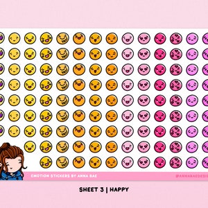 May include: A sheet of 100 happy face stickers in various shades of yellow, orange, pink, and purple. The stickers feature different expressions, including winking, smiling, and hearts. The sheet is labeled "Emotion Stickers by Anna Rae" and "Sheet 3 | Happy".