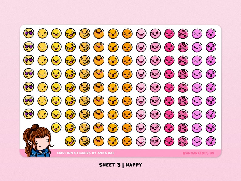 May include: A sheet of 100 happy face stickers in various shades of yellow, orange, pink, and purple. The stickers feature different expressions, including winking, smiling, and hearts. The sheet is labeled "Emotion Stickers by Anna Rae" and "Sheet 3 | Happy".