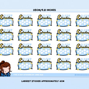 May include: A sheet of 20 blue and white sleep tracker stickers with a crescent moon and stars. Each sticker has 5 circles to color in to track sleep. The stickers are 4 inches in diameter. The sheet is 9.8 inches wide and 6.5 inches tall.