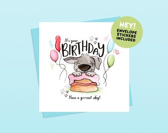 Happy Birthday - Happy Staffy Handmade Funny Dog Illustrated Greetings Card (Envelope and Stickers Included)