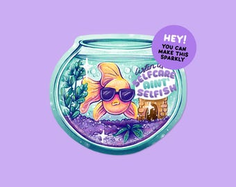 Self-Care Fish Wellness Sticker - Pastel Motivational Die-Cut Vinyl Decal, Holographic, Water-Resistant, Laptop, Water Bottle, Phone Sticker