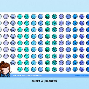 May include: A sheet of 100 blue, teal, and purple cartoon face stickers with different expressions of sadness. The sheet is labeled "Emotion Stickers by Anna Rae" and "Sheet 4 | Sadness".