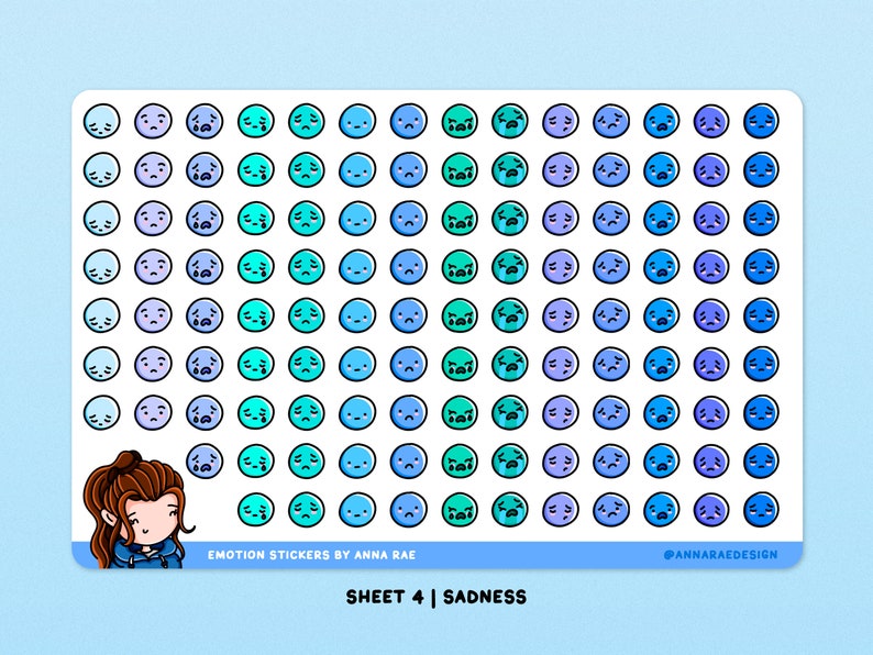 May include: A sheet of 100 blue, teal, and purple cartoon face stickers with different expressions of sadness. The sheet is labeled "Emotion Stickers by Anna Rae" and "Sheet 4 | Sadness".