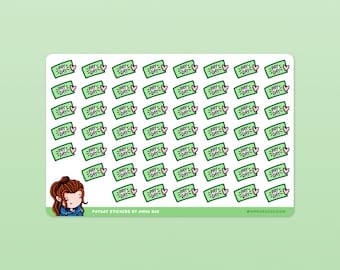 May include: A sheet of 63 green and white stickers with the text "PAY DAY" and a pink heart. The stickers are arranged in a grid pattern. The sheet also features a cartoon illustration of a person with brown hair and a blue jacket. The text "PAYDAY STICKERS BY ANNA RAE" and "@ANNARAEDESIGN" are at the bottom of the sheet.