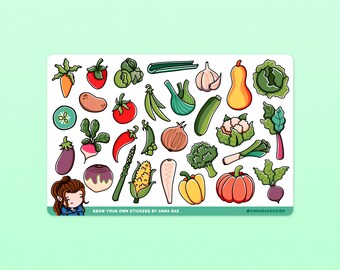 May include: A sheet of colorful stickers featuring various vegetables, including carrots, tomatoes, peppers, onions, garlic, squash, and more. The stickers are designed in a cartoon style and are perfect for adding a touch of whimsy to planners, journals, or other creative projects. The text "Grow Your Own Stickers by Anna Rae" and "@annaraedesign" are included at the bottom of the sheet.