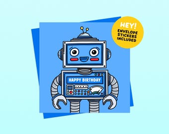 Robot Birthday Card - Handmade Illustrated Greetings Card (Envelope and Stickers Included)