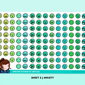 May include: A sheet of stickers featuring various cartoon faces expressing anxiety. The faces are in shades of green and blue, with some saying "OMG" and "NOO!" The sheet is labeled "EMOTION STICKERS BY ANNA RAE" and "SHEET 2 | ANXIETY".