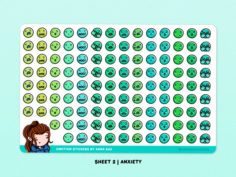 May include: A sheet of stickers featuring various cartoon faces expressing anxiety. The faces are in shades of green and blue, with some saying "OMG" and "NOO!" The sheet is labeled "EMOTION STICKERS BY ANNA RAE" and "SHEET 2 | ANXIETY".