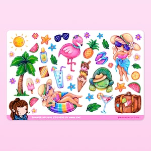 May include: A set of colorful summer holiday stickers featuring a pink flamingo, a turtle wearing a hat, a girl in a swimsuit, a palm tree, ice cream cones, a suitcase, a cocktail glass, and other summer-themed illustrations. The text "SUMMER HOLIDAY STICKERS BY ANNA RAE" and "@ANNARAEDESIGN" are included in the image.
