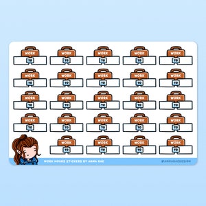 May include: A sheet of stickers with a brown suitcase design. Each sticker says "Work to" with a blank space to fill in the time. The sheet also includes a cartoon illustration of a person with brown hair and a blue jacket.