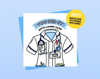 Student Nurse Graduation Card (White Tunic) - Handmade Illustrated Greetings Card (Envelope and Stickers Included)