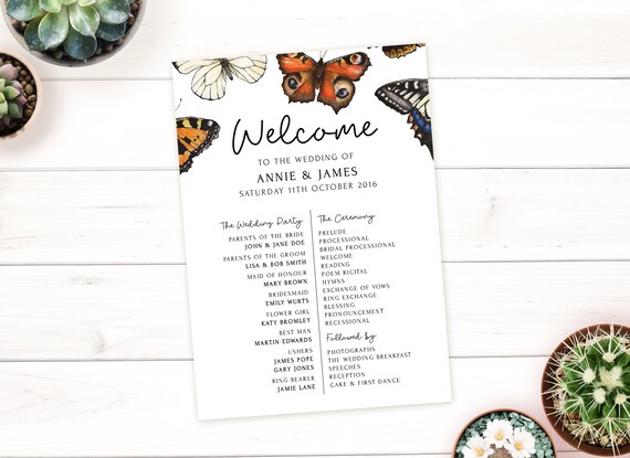 Butterfly Wedding Program Printable Program Template Etsy