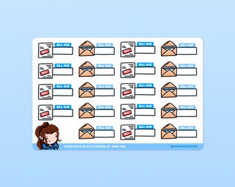 May include: A sheet of 20 household bill stickers featuring a cartoon envelope with a bill inside. Each sticker has a space to write the bill due date. The stickers are designed by Anna Rae.