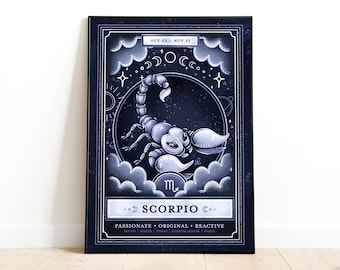 Scorpio Art Print - Celestial Home Decor, Zodiac Star Sign, Astrology Wall Art, Tarot Card Illustration, Moon Art, Sun Art