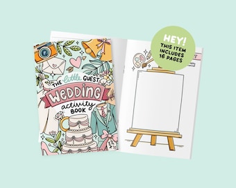 May include: Open wedding activity book with colorful illustrations. The cover reads "The Little Guest Wedding Activity Book" with drawings of a camera, cake, and suit. The right page has a blank easel. A green circle says "Hey! This item includes 16 pages."