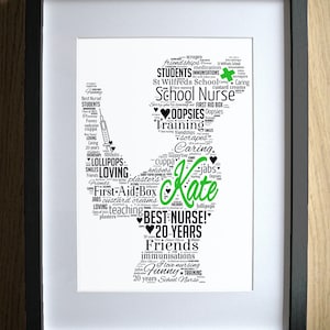 Cadeau de départ d'une infirmière scolaire - Retraite - nouvel emploi - idée de présentation personnalisée - art mural - souvenirs - souvenir - nuages de mots design