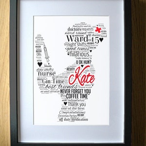 May include: A black and white word cloud art print with the word "Kate" in red. The word cloud includes words related to nursing, such as "night shifts", "ward round", "doctors requests", and "good times".