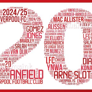 Liverpool Premier League Winners 2024 - 2025, LFC 20th Title, Poster Art Design, Anfield - Easy to frame!