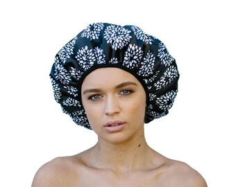 XL Shower Cap -  Triple Layer - Microfibre Lined - Frizz Protection - Save the Blow Wave -  Satin Exterior - Drops Print