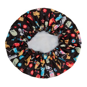 Inside view of Double Layer Everyday Shower Cap - Black with Cats pattern